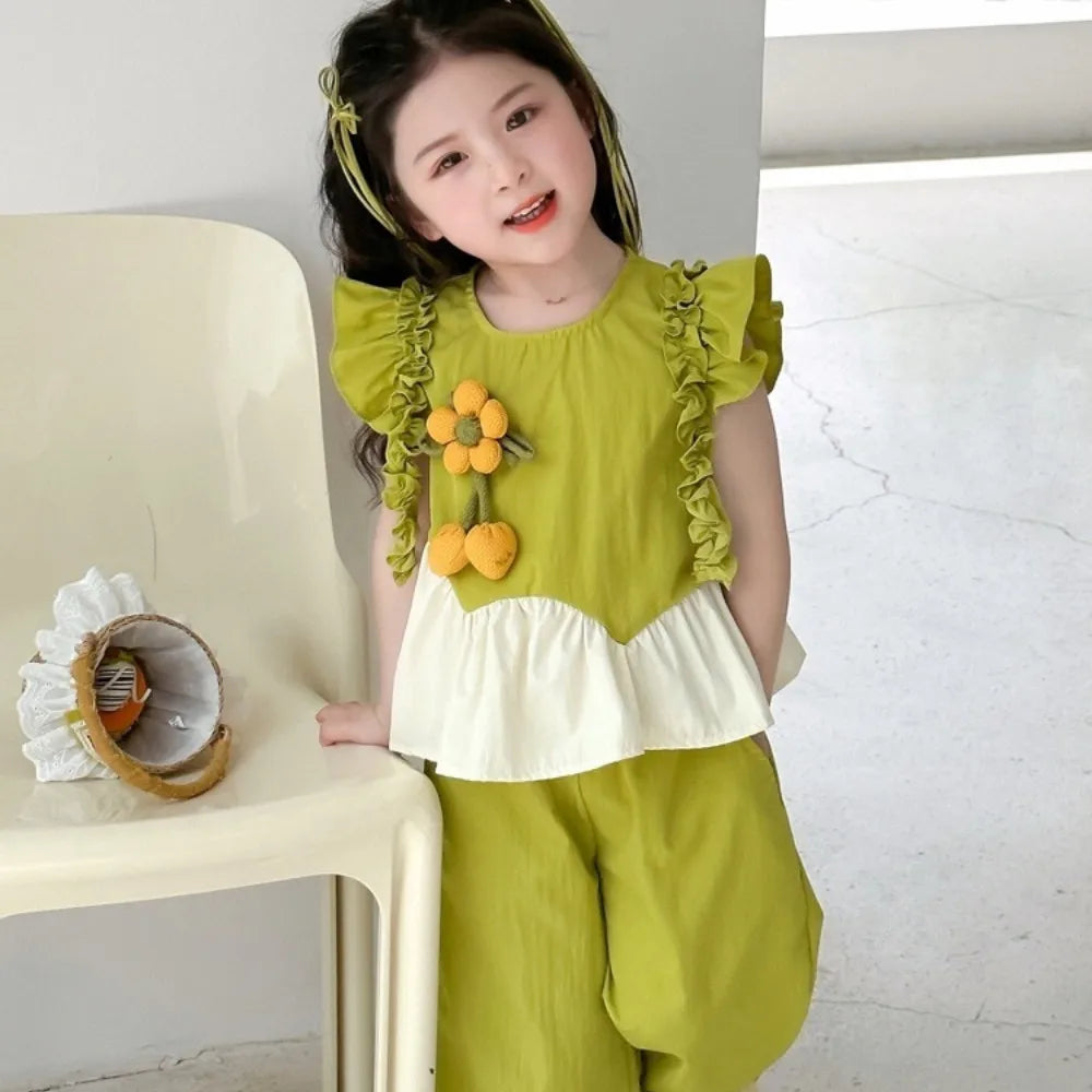Summer Girls Fashion Cute Sleeveless O-Neck Flower Decoration Top + Pant 2 Pcs Set  Kids Casual Clothes Korean Version