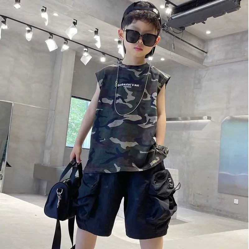 Boys Camouflage Vest Set Summer New Style Children's Sleeveless T-shirt Shorts Two Piece Set