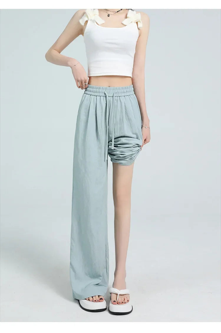 White Ice Silk Wide Leg Pants Women's Summer Thin High Waist Slimming Casual Versatile Elastic Waist Draped Straight Leg Trouser