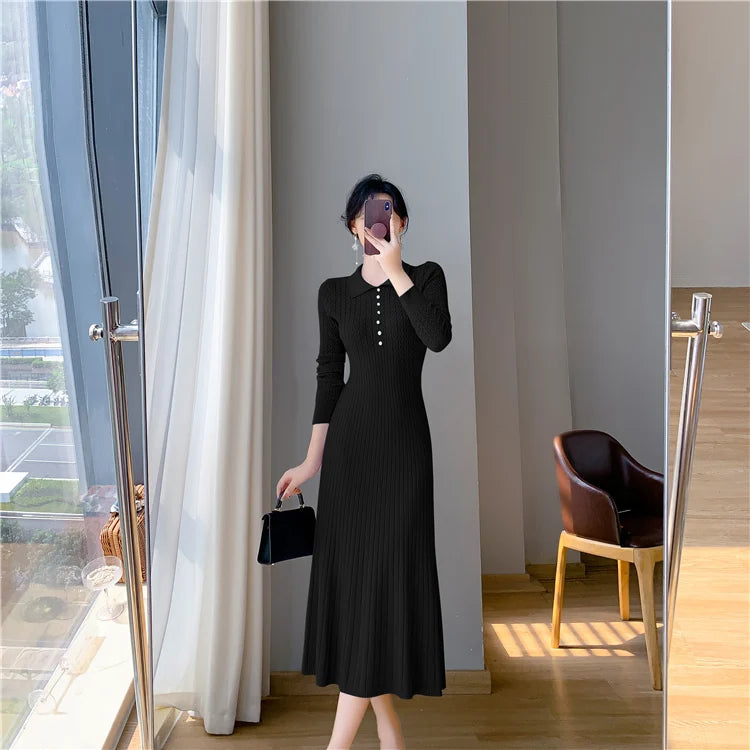 Sweater Dress Women New  Autumn Winter Purple White Or Black High Waist A Line Dress Elegant Long Knitted Dress