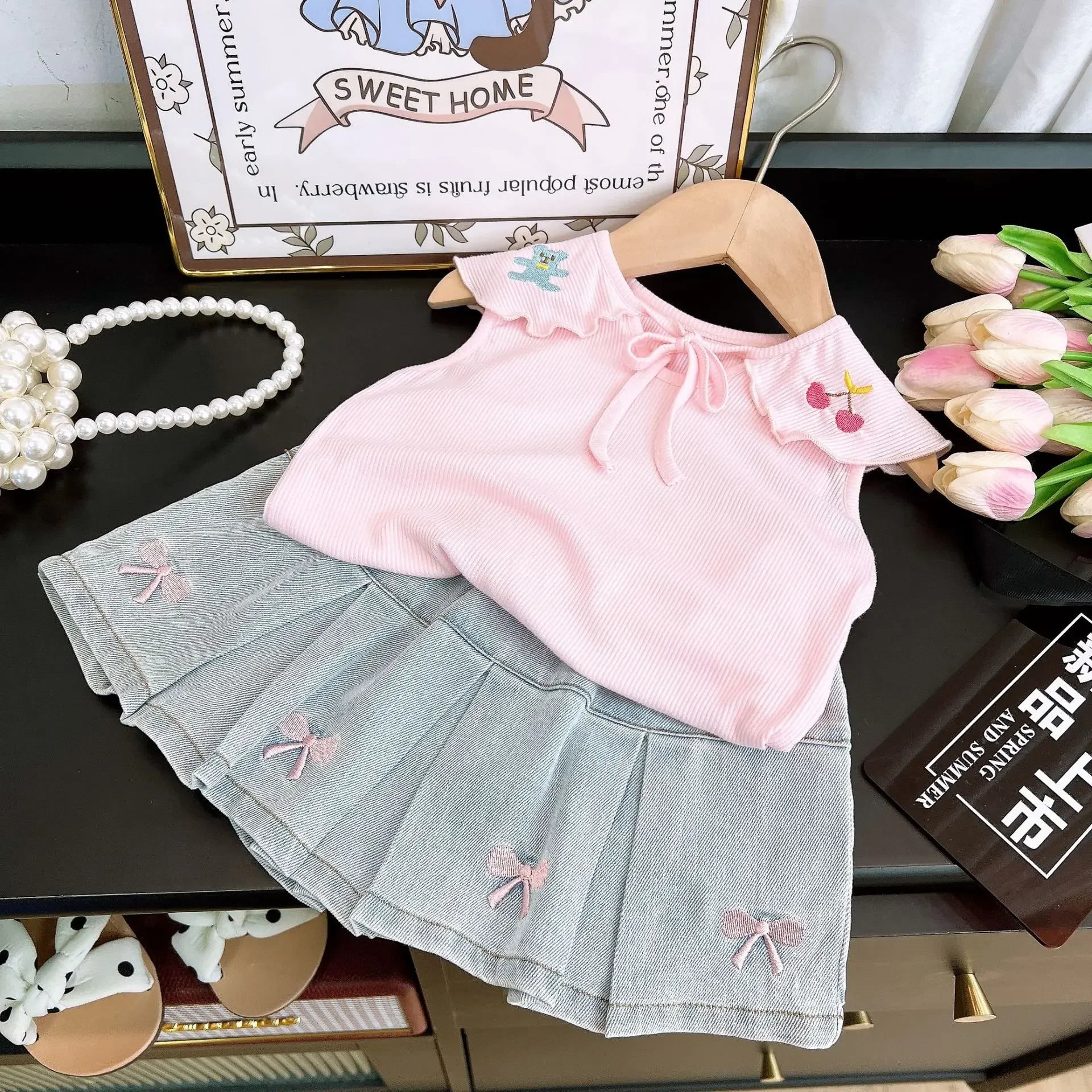 Children's Clothing Sets Cartoon Embroidered Lapel Sleeveless Top + Bow Embroidered Denim Skirt 2pcs Baby Girl Outfit Set