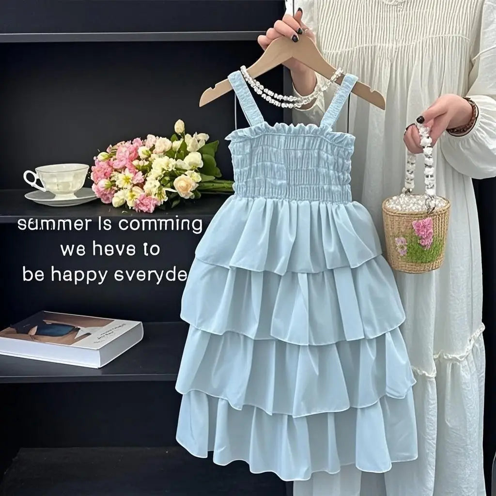 Kids Girls Summer Cake Dress  New Arrival Children Casual Multilayer Dresses Princess Sleeveless Sling Beach Rainbow Dress