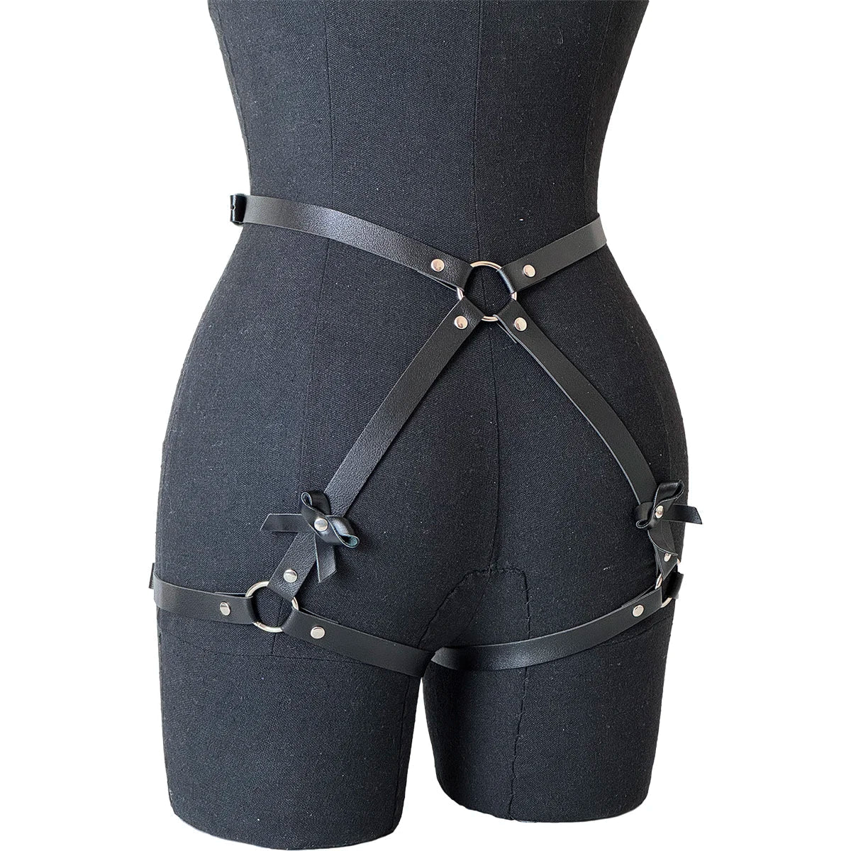 Women PU Leather Decor Harness Sexy Bow Bondage Suspender Erotic Lingerie Thigh Garter Belt Adjustable Waist Accessories