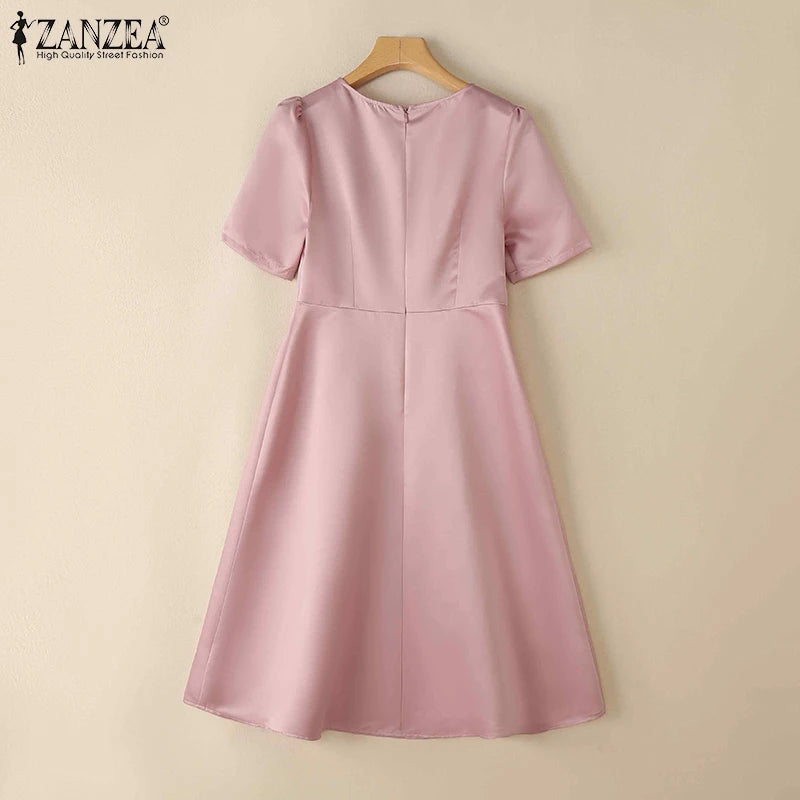 ZANZEA Elegant Woman Party Dresses Shiny Satin Round Neck Short Sleeve Fabric Flower A-line Robes Femme Fashion Midi Vestidos
