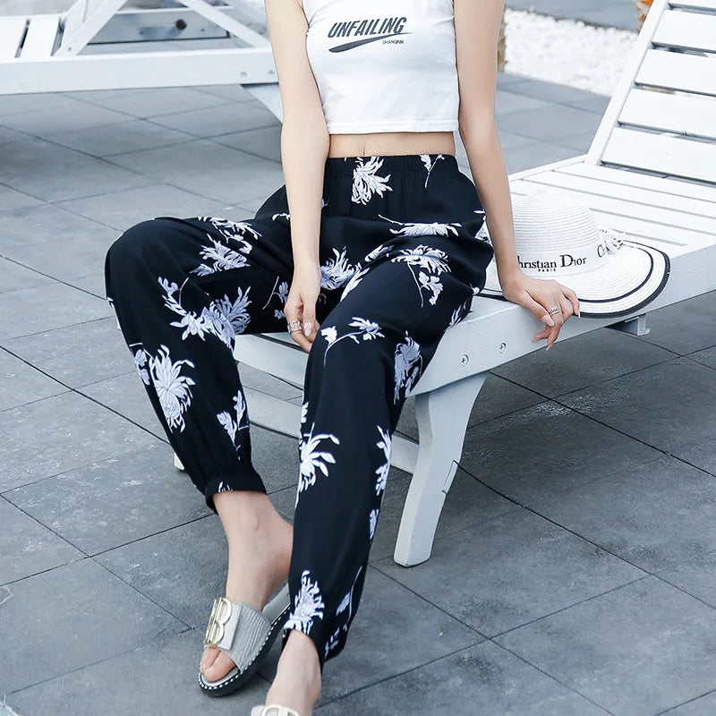 Women's Mosquito-proof Cotton Silk Beach Summer Casual Flower Pants Artificial Cotton Summer Sleeping Pants Thin Adult Bloomers
