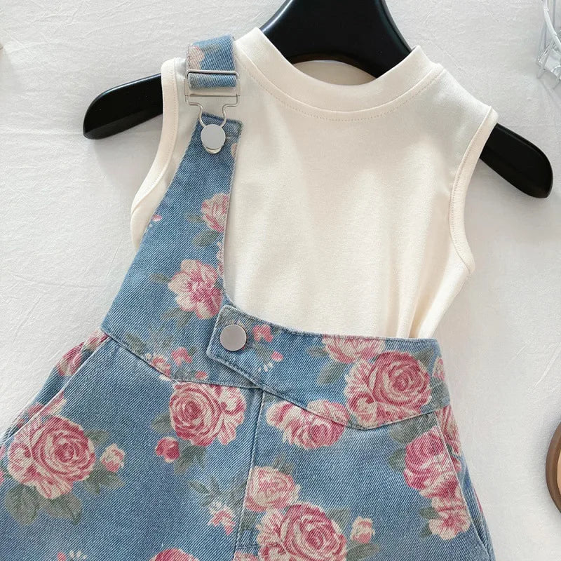 Girls' Clothing Set Sleeveless Top+printed Denim Shorts Two-piece Set for Girls Fashion Suits