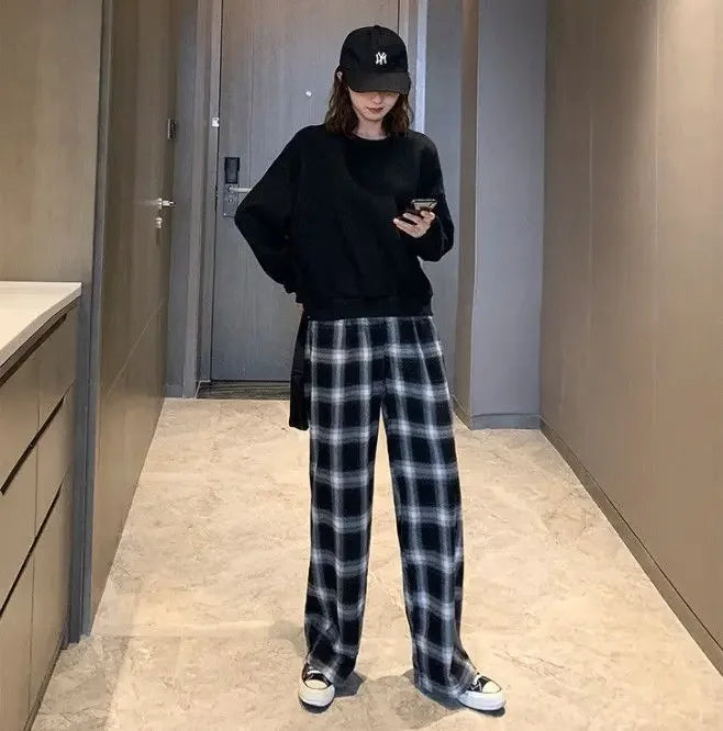 High Waist Plaid Wide Leg Pants Women Loose Straight Casual Slimming Spring Autumn New Style Chinese Brand AE Stock