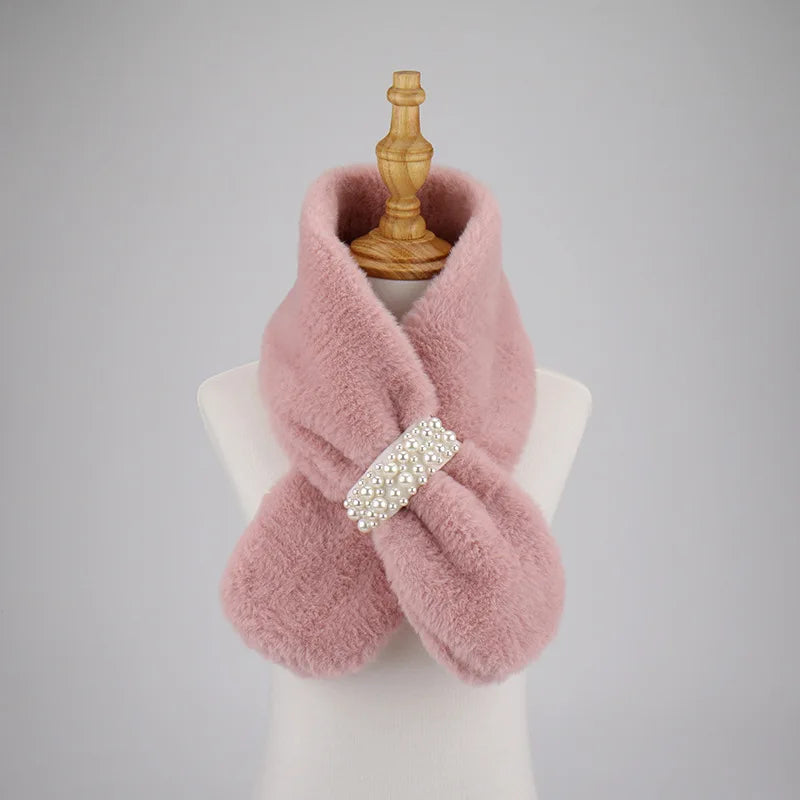 Autumn and winter high-end imitation rabbit fur women's outdoor thick warm cross pearl button plush scarf