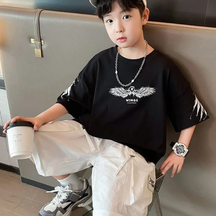 Summer Kids Wing T-Shirt Cotton Loose Stylish Boy's Shirt Big Kids Summerwear