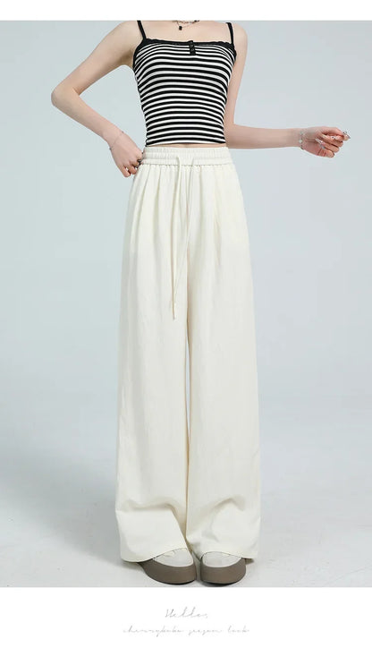 White Ice Silk Wide Leg Pants Women's Summer Thin High Waist Slimming Casual Versatile Elastic Waist Draped Straight Leg Trouser