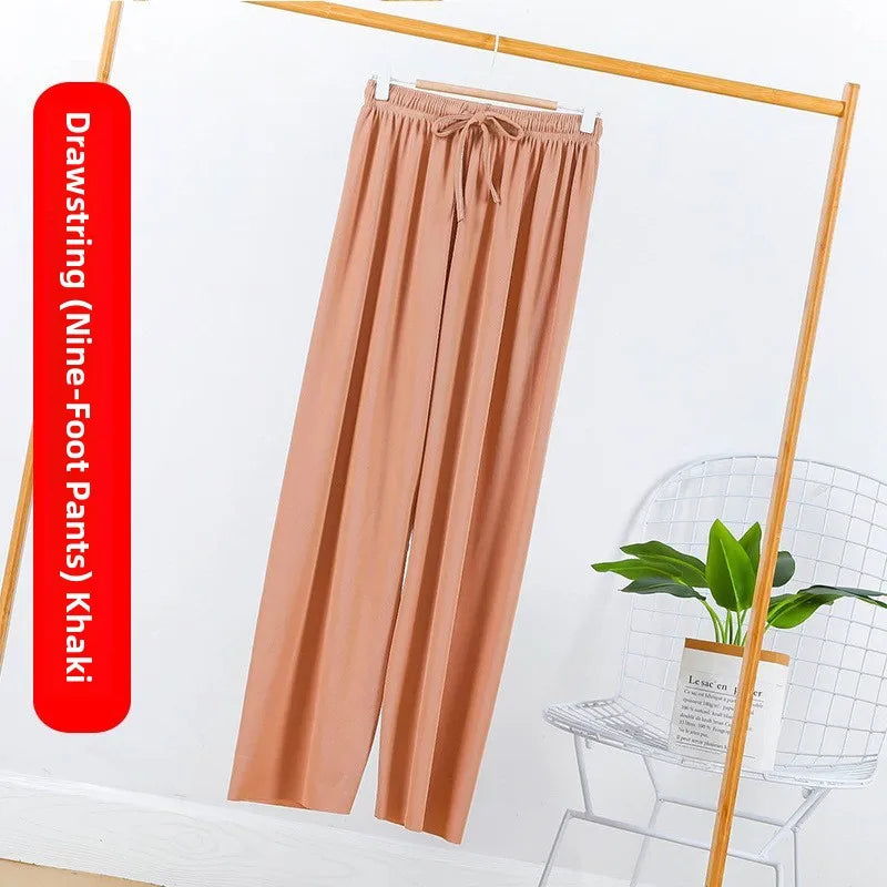 Ice Silk Wide Leg Pants Women's Summer  New High Waist Drape Loose Slimming Straight Bla Floor-Length Casual Trousers