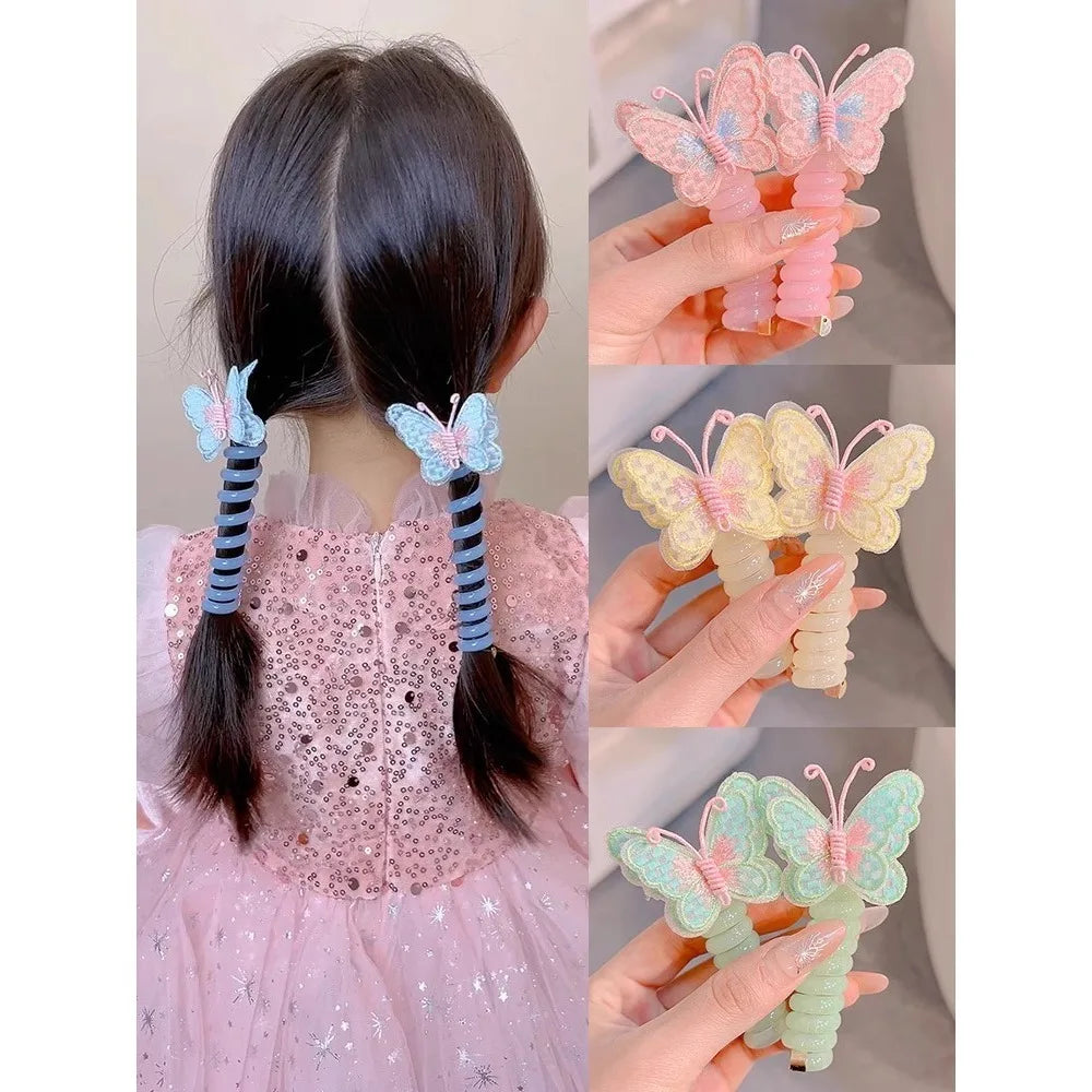 Cute Elastic Telephone Wire Line DIY Butterfly Hair Bundle Phone Cord Ponytail Holder Girls
