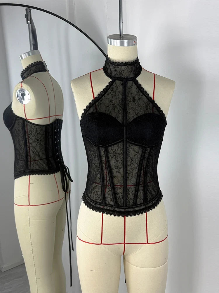 Lace Halter Corset Top For Women Backless See Through Sexy Vest Slim Fishbone Top Summer 2026 Fashion Ins Hot Camis Y2K Crop Top