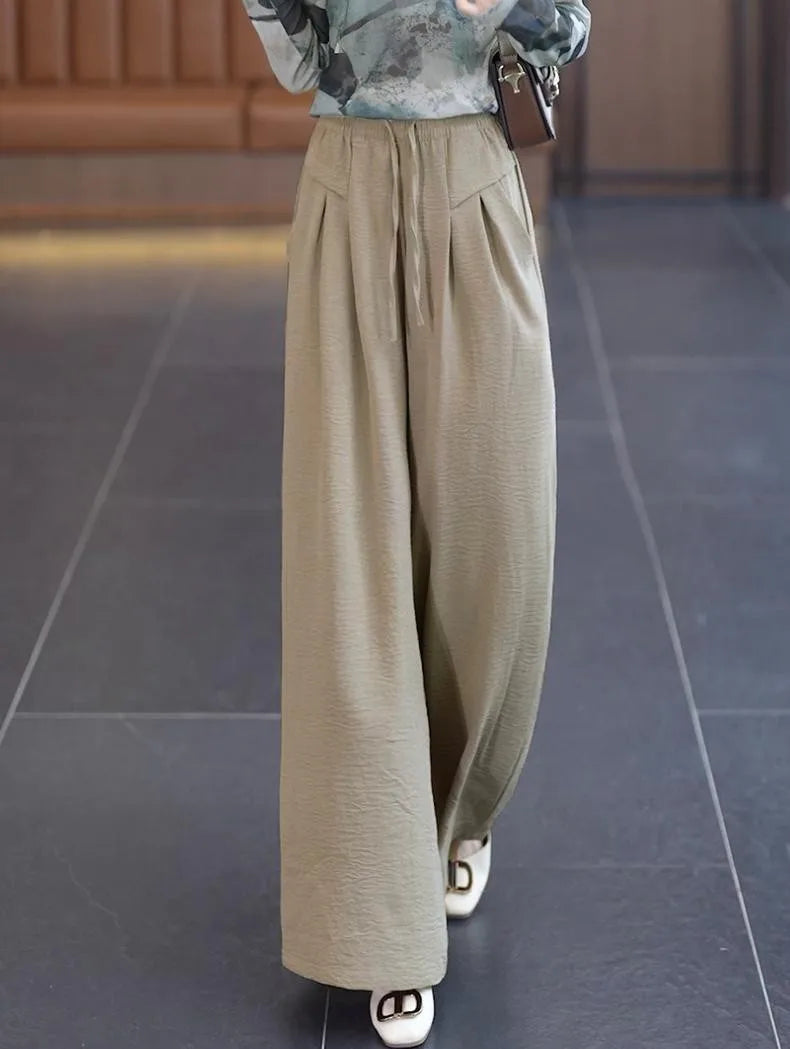 Summer Ice Silk Wide Leg Pants Women's Loose Casual Long Trousers High Waist Korean Sle Polyester Fiber Drapey Sumi Pants