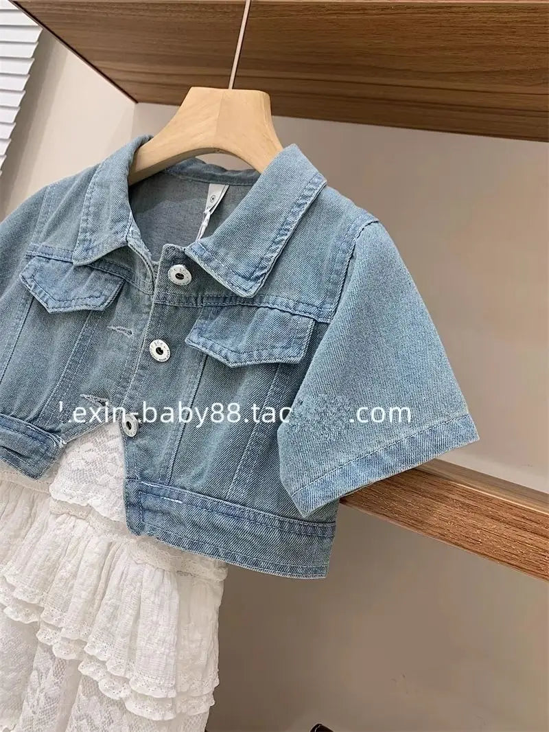 Girls Summer Set New Teenage Girls Bubble Sleeves Short denim cardigan jacket lace suspender skirt set Children's clothing set