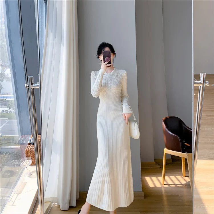 Sweater Dress Women New  Autumn Winter Purple White Or Black High Waist A Line Dress Elegant Long Knitted Dress