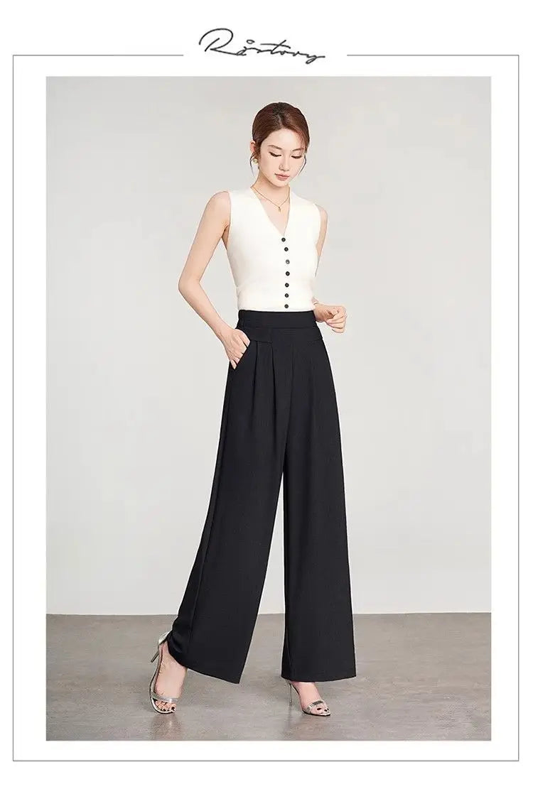 Women's Black High Waist Wide Leg Pants Pleated Loose Fit Formal Casual Trousers