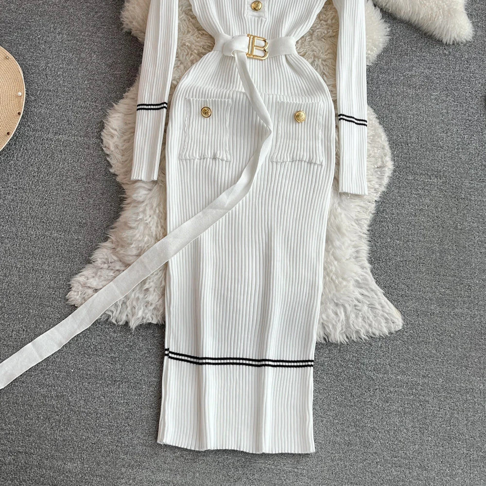 Women Dress  Autumn Winter Elegant Rib Knit Long Pencil Dress with Belt Office Lady Bodycon Sweater Dress Vestidos