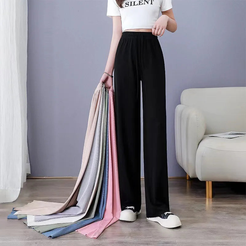 Women Pants Spring Summer Ice Silk Wide Leg Pants 2025 High Waist Loose Straight Casual Pant Female Outdoor Black Trousers