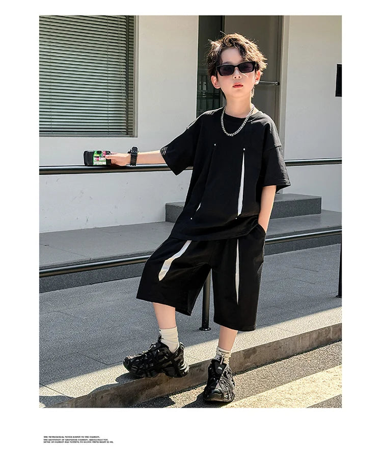 American Kids Design Double Cotton Gauze Clothing Set For Teenage Boy Casual Summer Top and Bottom Clothes Set Child Tracksuit