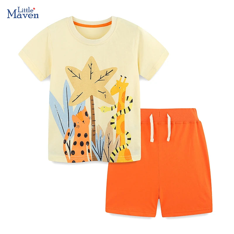 Little maven Baby Boys 2026 New Tracksuit Summer Cotton Children's Clothing Sets Cartoon Animals Tops+Pants Kids Clothes
