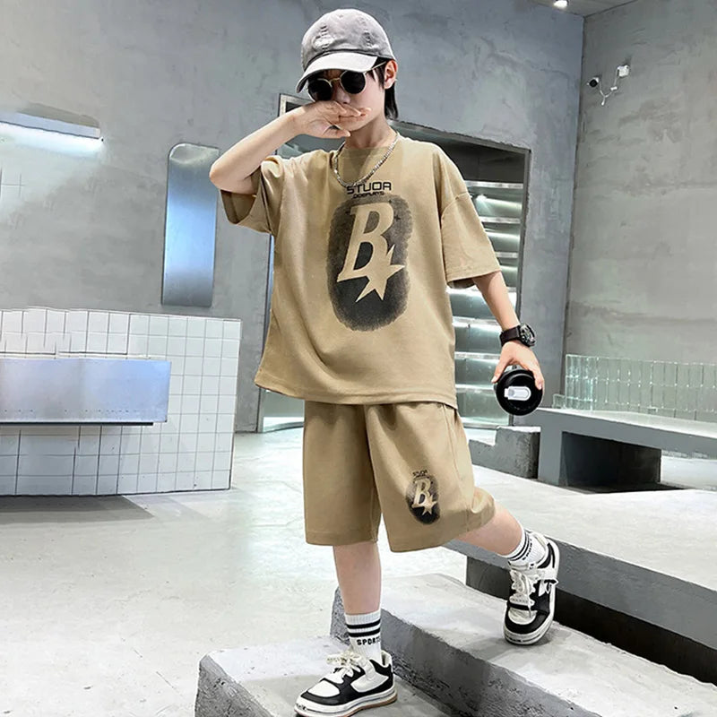 New Summer Teenager Boys Clothing Set Cotton Letter Short Sleeve T-shirt Shorts  Years Kids Tracksuits Child Cloth