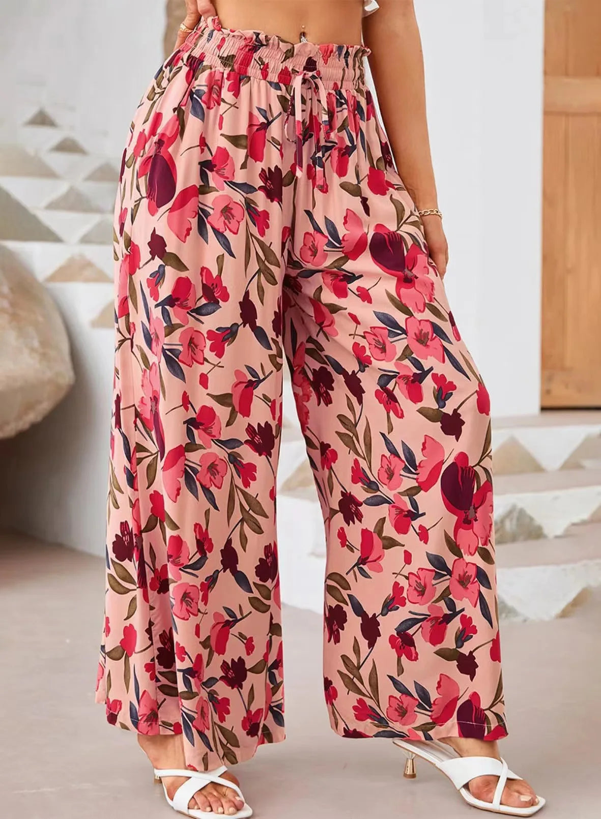 Pant Women Wide Leg Long Pants Print Floral Elastic Waist Straight Trousers  Streetwear Elegant Maxi Capris Loose Summer