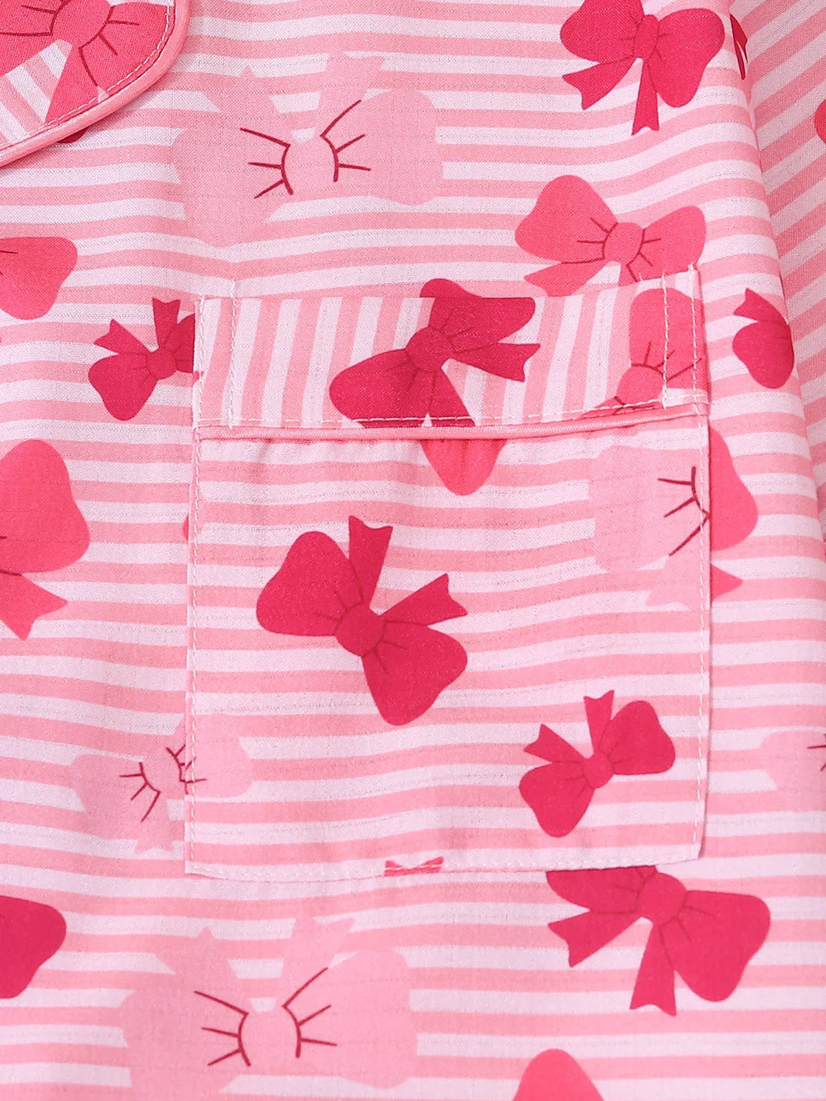 Two-Piece Set: Comfortable Pink and White Striped Top with Red Bow Print, Turn-Down Collar, Buttoned Short Sleeves, and Pockets, Paired with Bow Shorts. Spring/Summer Women's Pajama Loungewear Set Suitable for Home Use