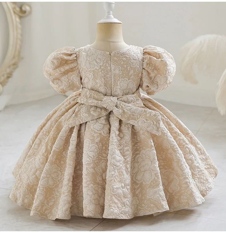 New Bubble Sleeve Girl's First Year Dress Wedding Flower Girl's Birthday Dress Bowknot Sweet Lovely Puffy Dress