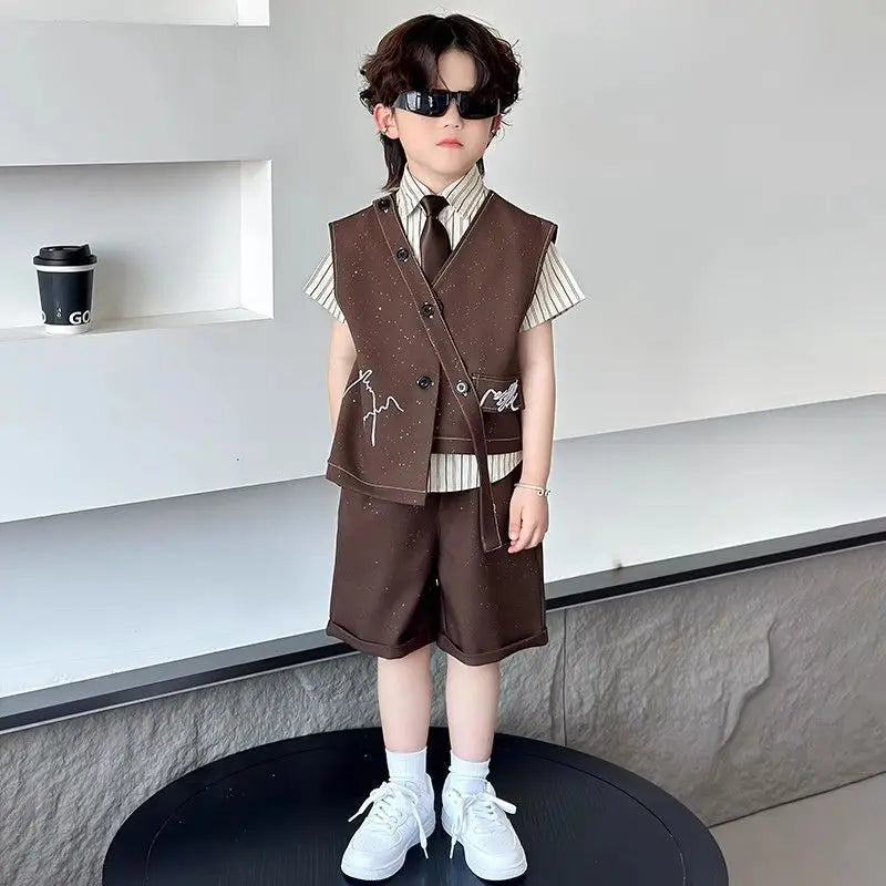 Spring Boy Retro Stripes TShirt+Pants Shorts+Vest Kid Children baby Gentleman Handsome Streetwear Party Clothes