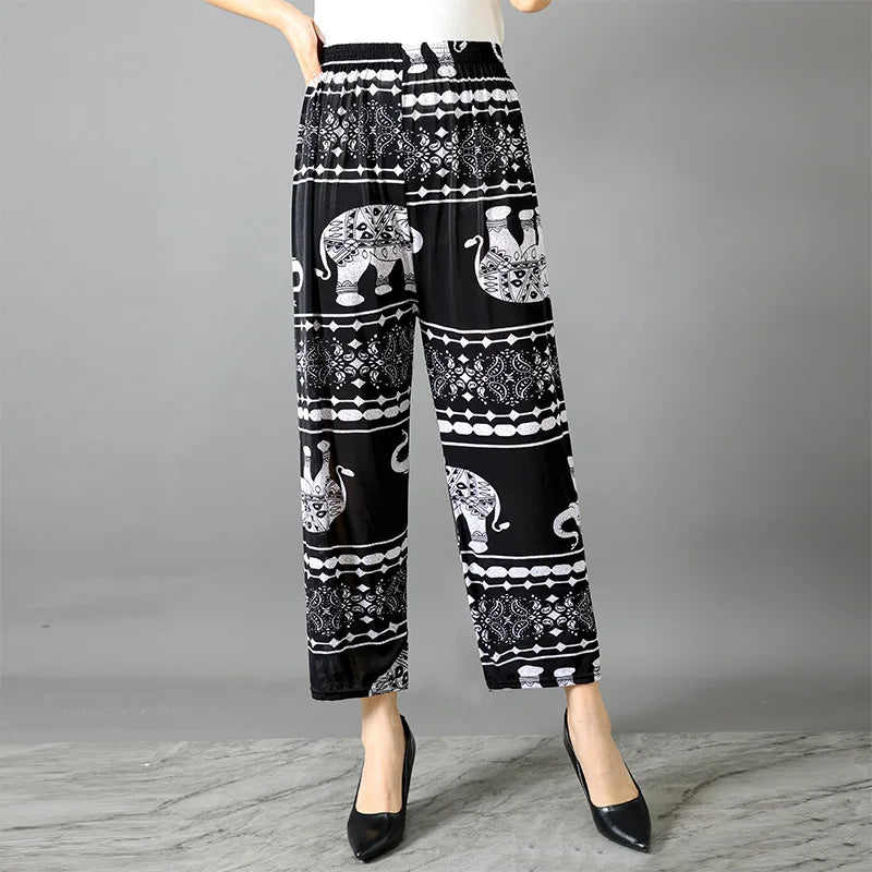 Summer Ladies Ice Silk Loose Casual Home Pants Elastic plus Size Mom Square Sports High Waist Straight Leg Length Nine Points