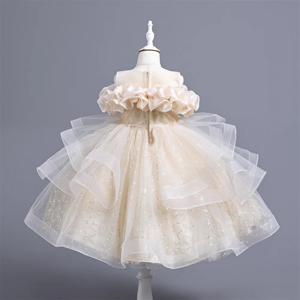 New Girl's Wedding Evening Dress Petal Sequin Mesh Sleeveless Dress Birthday Party School Graduation Party Dress