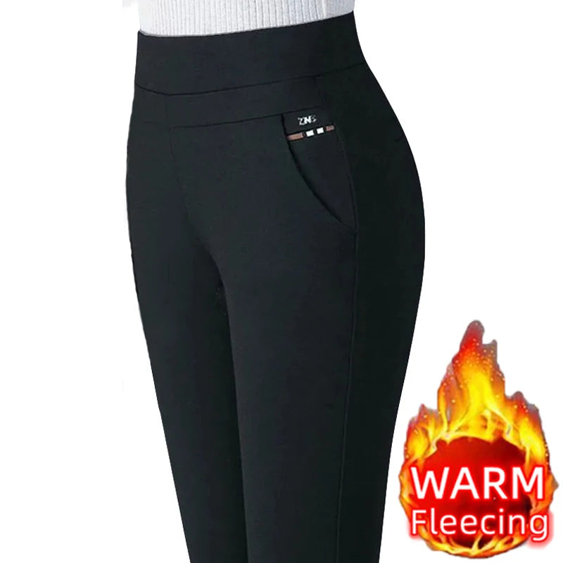 Autumn Winter Casual Elegant Office Slimming Solid Color Fleecing Thick Thin Women's Pants Elastic Waist Tight Pencil Pants
