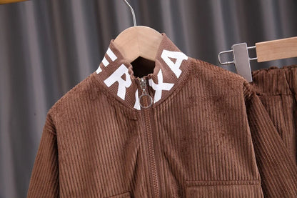 Baby Boys Clothes Suit Children Fashion Autumn/Winter Printed Corduroy Boys' Coat Zipper Long Sleeve Boys' Top+Pants Casual Set
