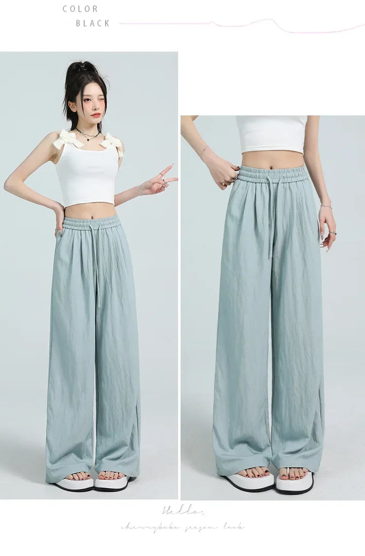 White Ice Silk Wide Leg Pants Women's Summer Thin High Waist Slimming Casual Versatile Elastic Waist Draped Straight Leg Trouser