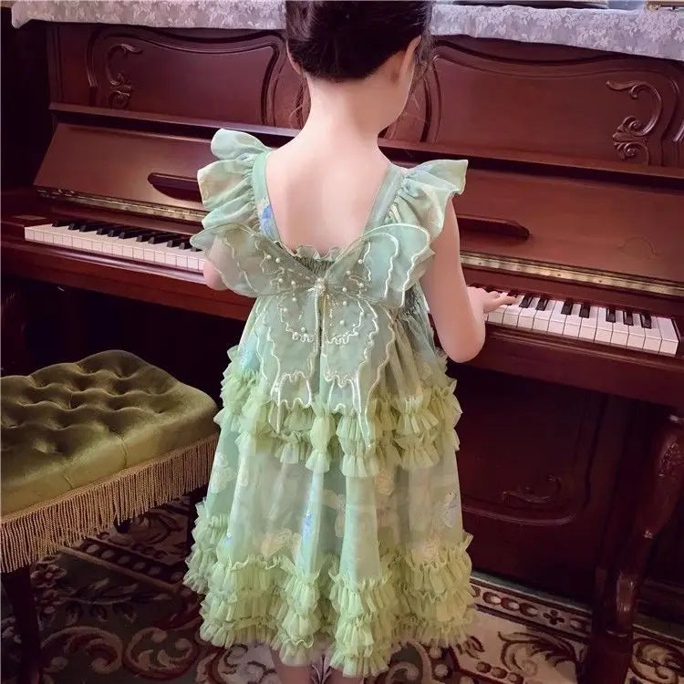 Baby Girls' Summer and Spring New Dress Butterfly Mesh Princess Fashion and Beautiful Kids Outwear Evening Dress