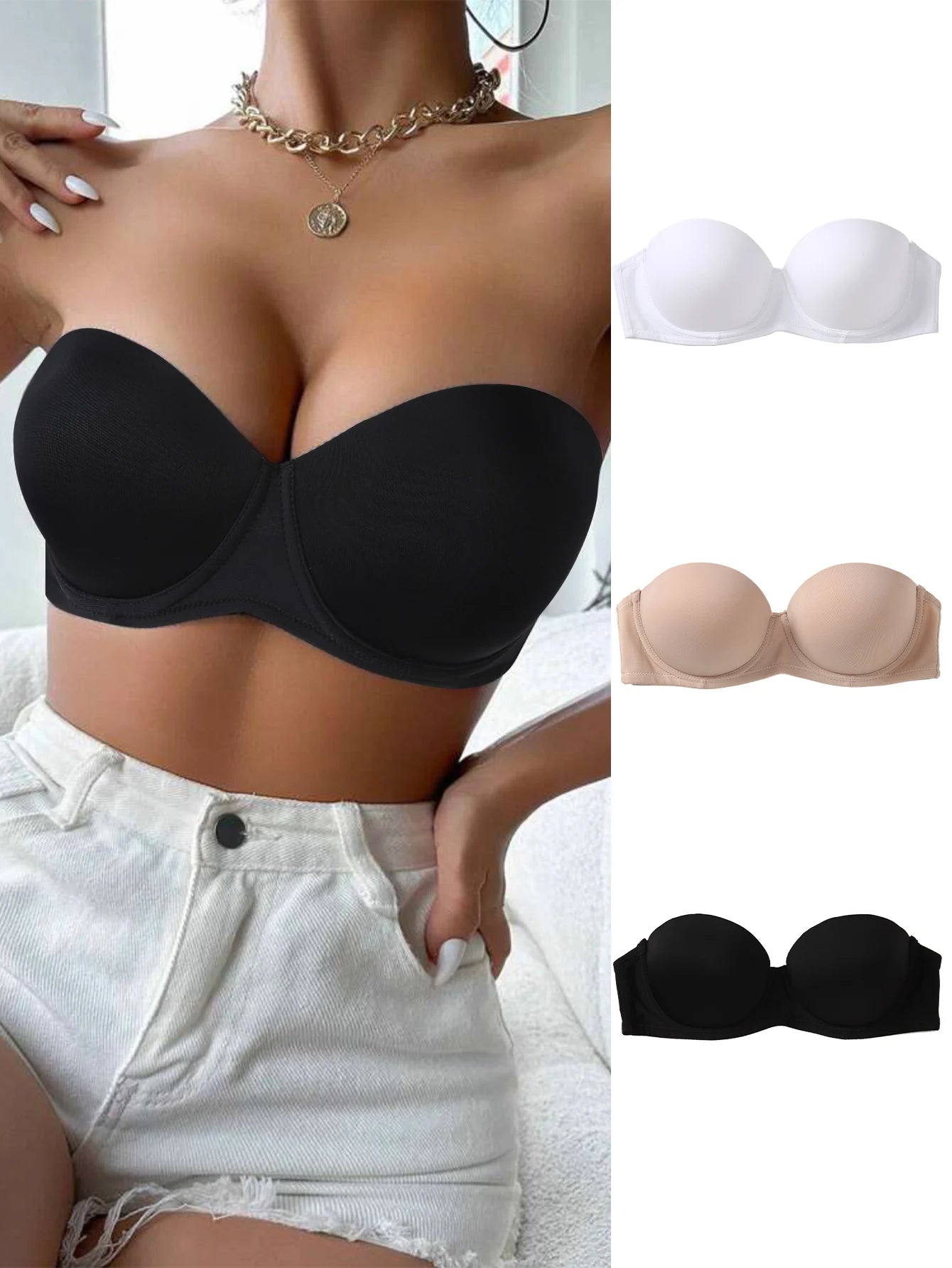 Women's Strapless Bra with Side Support for Underarm Control Non-Slip, Invisible, Comfortable,Versatile Can Be Worn as Outerwear