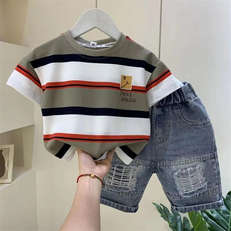 Boys Summer  New Boutique Design Outfits Cotton Set Baby Boys Short Sleeve Shirt Jeans Shorts 2pcs Clothing Children 6 7 8Y