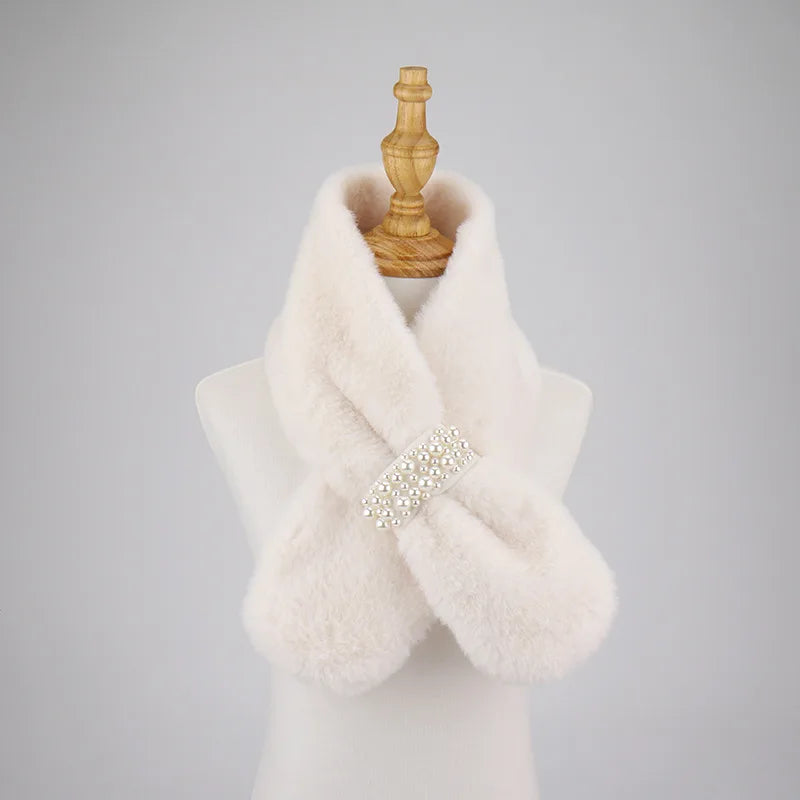 Autumn and winter high-end imitation rabbit fur women's outdoor thick warm cross pearl button plush scarf
