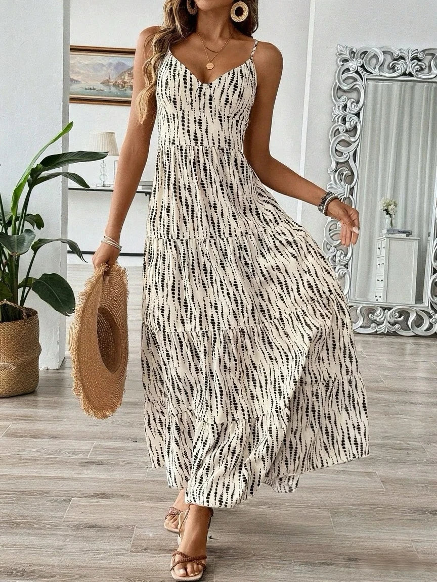 Women's Western Vacation Style Off-the-shoulder Dress Spring/Summer New Asymmetric Striped Design Maxi Dress