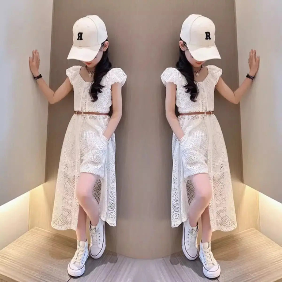 New Fashionable Children's Korean Hollow Lace Dress 2-piece Set