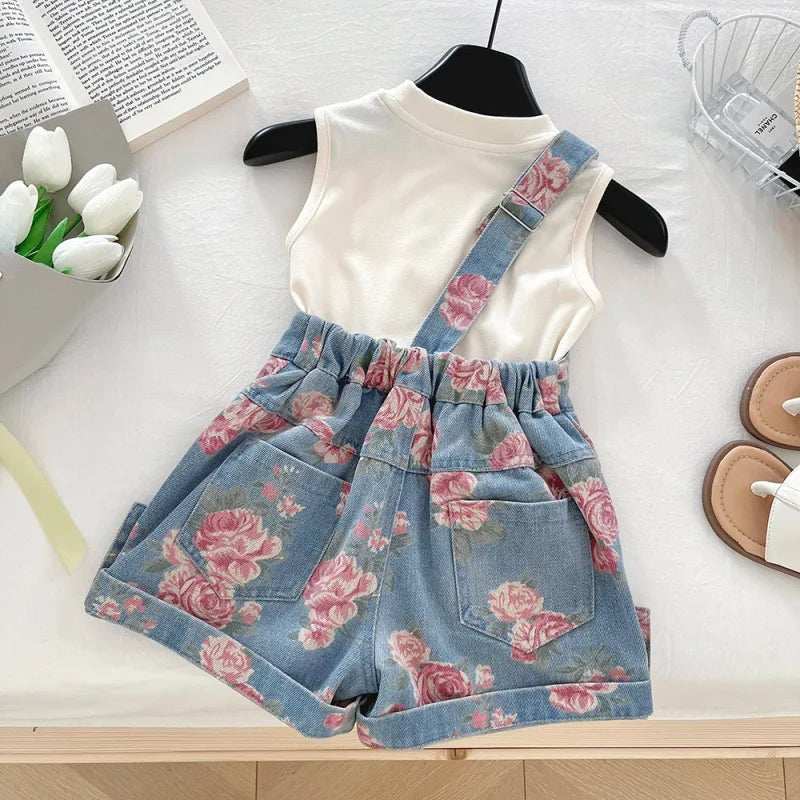Girls' Clothing Set Sleeveless Top+printed Denim Shorts Two-piece Set for Girls Fashion Suits