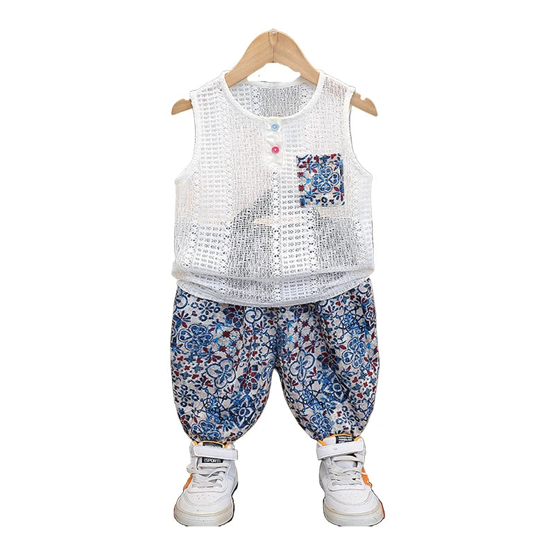 Boys Summer Hollow out Vest Set Breathable Me Svel Long Pants Two Piece Suit Teen Casual Sportswear Cotton Blend orts