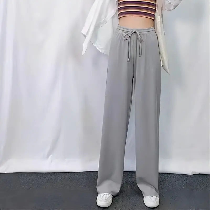 New Women Ankle-Length Wide Leg Pants Casual Summer Solid Elastic Waist Loose Ice Silk Pants Spring Summer Female Trousers