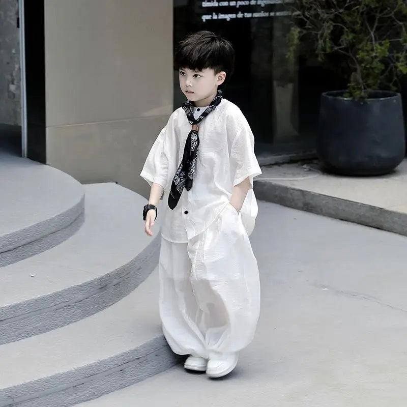 Chinese Style Teenage 2Pcs Set Ultrathin Kids Boy Spring Summer T shirt Top + Pant Casual Teen Boy Clothing Children's Costume
