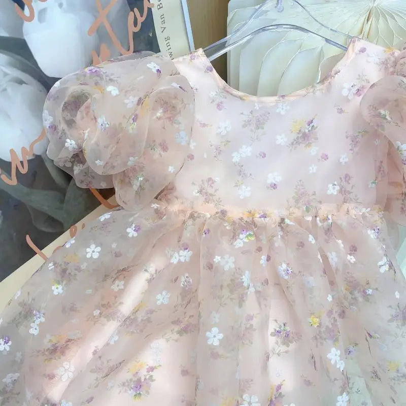 Girls Flower Sweet Gentle Pink Princess Skirt Childrens Ball Gown Puff Sleeve Dress