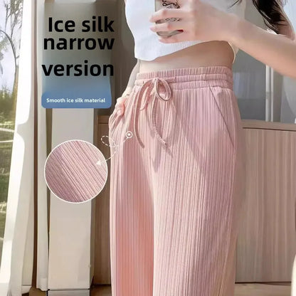Ice Silk Wide Leg Pants Women's Summer Thin Narrow Version 145 Small Size Drape Straight High Waist Stripe Casual Trousers 150