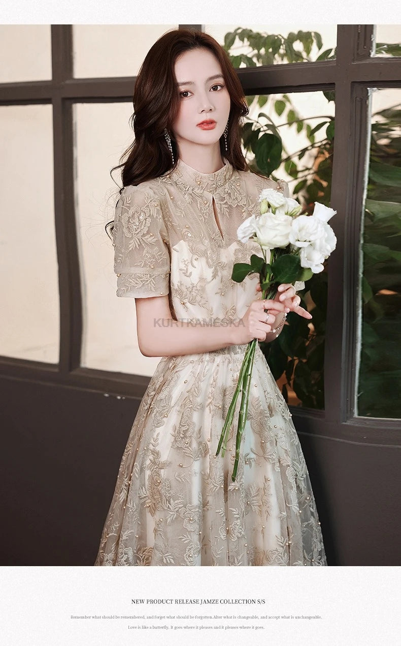 Elegant High Collar Evening Prom Bridesmaid Banquet Party Ball Dress Gown Short Sleeve Flower Embroidery Appliques Formal Dress