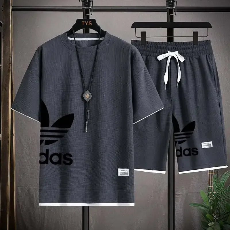 Summer  New Men's pullover sportswear Set, fashionable basketball men's casual short-sleeved T-shirt + shorts two-piece set