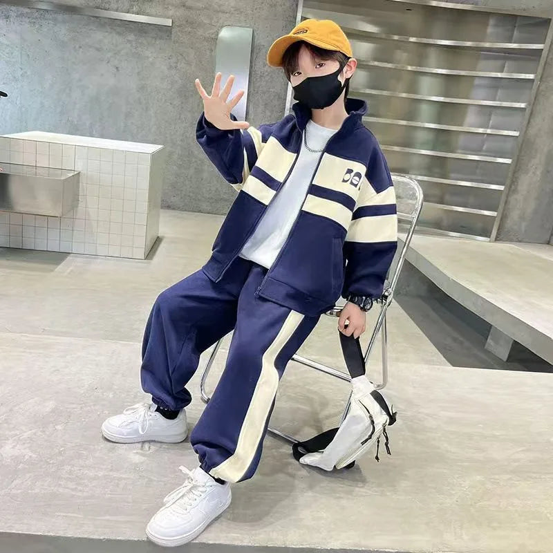 Fashion Boys Clothing Set Spring Autumn Patchwork Zipper Coat Pants 2Pcs For 4-12 Years Kids Tracksuits Teenager Casual Outfits (Available)